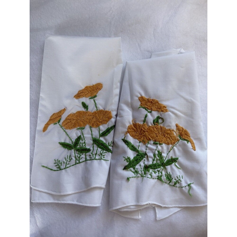 Hand Embroidered Dinner Napkins Set Of Two Vintage Floral White Yellow